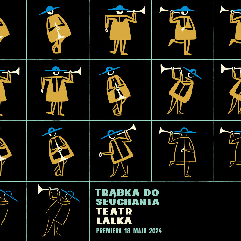 Plakat do spektaklu Trąbka do słuchania. W kaflkach kontury starszej kobiety z trąbką przy uchu w różnych pozycjach ciała.