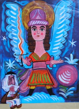 "Ludowy", malowany obraz Archanioła w złotej aureoli, w czerwonej szacie, z ognistym mieczem, stojącego na chmurze, na niebieskim tle. U jego stóp siedzi mała postać starego górala.