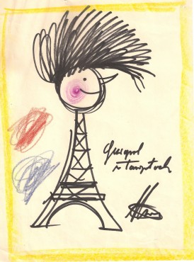 Plakat z graficznym rysunkiem Wieży Eiffla zwieńczonej główką lalki chłopca z bujną czupryną i zadartym noskiem. Kontur wieży stanowi sylwetkę chłopca. Z prawej strony - ślady czerwonej i niebieskiej kredki, z lewej – odręczny napis Guignol w tarapatach.