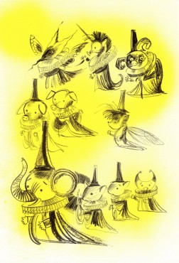 Rysunek ołówkiem na żółtym tle: dziesięć baśniowych stworków. Główki zwierząt takich, jak myszki, świnki, słonik czy konik morski zdobione są kapelusikami w kształcie lejków i wielkimi kryzami. Ich postać skrywają powłóczyste szatki.