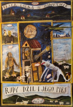 Kolorowy plakat: okno z podziałem na mniejsze okienka i lufciki, przez które widać malarskie obrazy. W górnym oknie - wiejski pejzaż. Poniżej - gospodarstwo farmera. Obok, po lewej - olbrzym, po prawej - skrzydlaty smok. U dołu napis: Rudy Dżil i jego pies