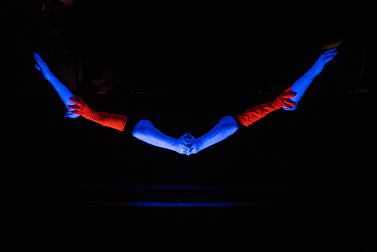 Na czarnym tle znajduje się oświetlony łańcuch połączonych ze sobą rąk, ukazanych na odcinku od dłoni do łokcia. Ręce ubrane są, naprzemiennie, w niebieskie i czerwone  rękawiczki. 