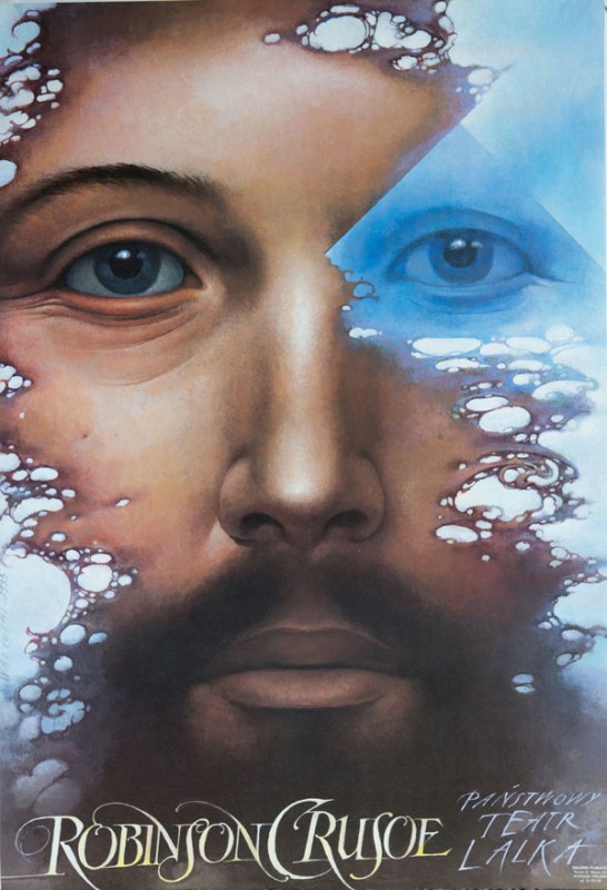 Za biało-niebieskimi chmurami beżowa twarz brodatego mężczyzny w dużym zbliżeniu. U dołu napis: Robinson Crusoe. 