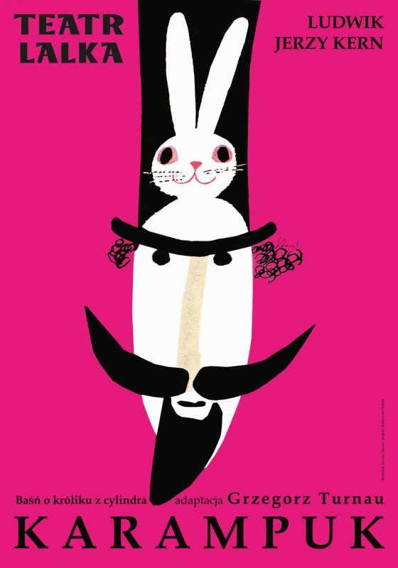 Na różowym tle biała głowa mężczyzny połączona z głową królika z czarnymi wąsami. U góry napis: Teatr Lalka. 